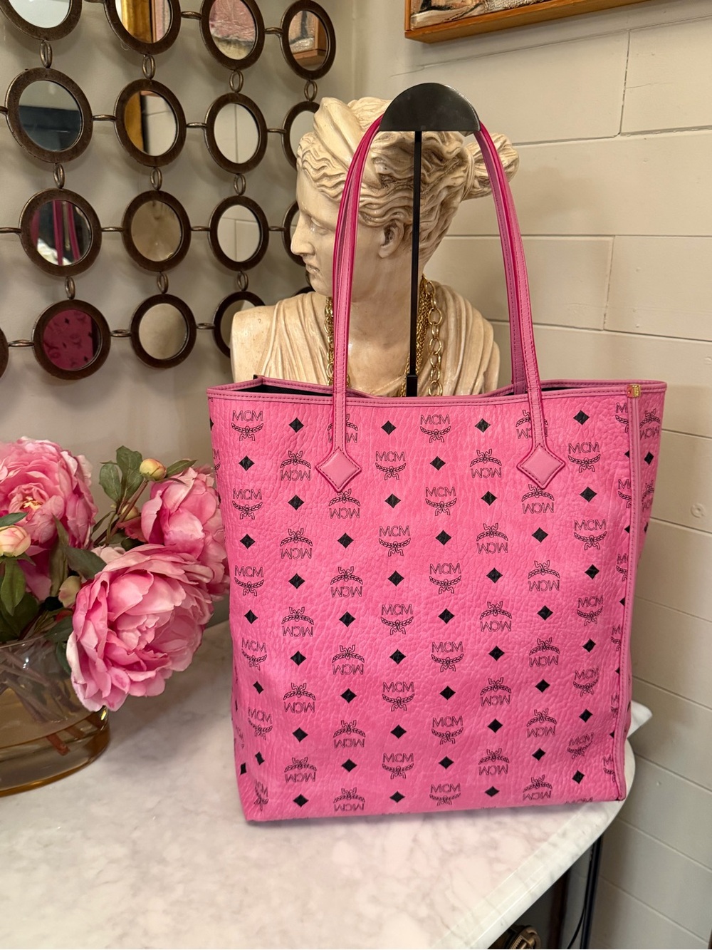 MCM EUC Pink Monogram Canvas Tote dual top handles